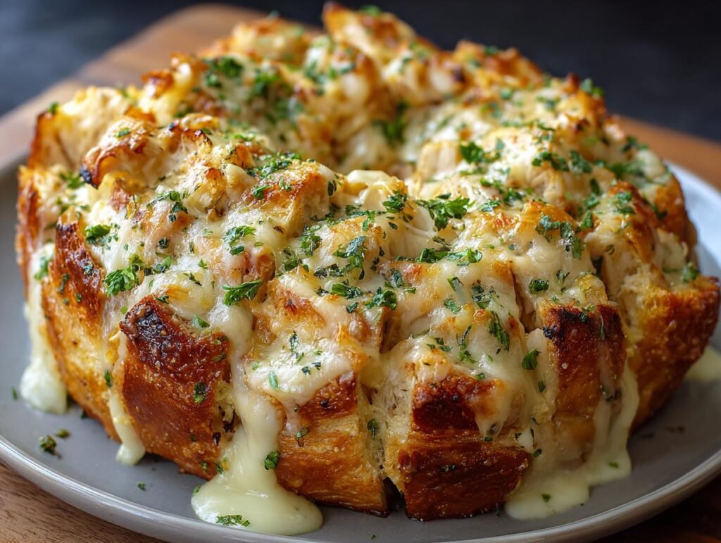 Gros plan d'un Pain Singe au Poulet Alfredo, doré et garni de fromage fondu et de persil frais.
