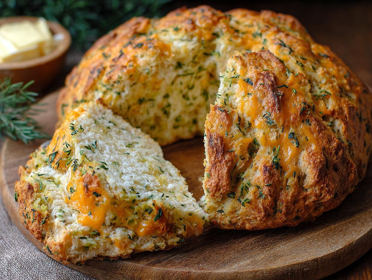 Gros plan sur une tranche de Pain Soda au Cheddar et Herbes, garni de fromage fondu et d'herbes fraîches.