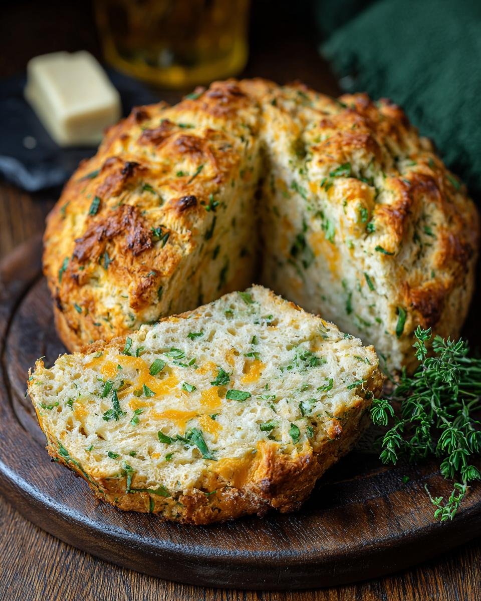 Gros plan d'une tranche de Pain Soda au Cheddar et Herbes, avec du fromage fondu et des herbes fraîches.