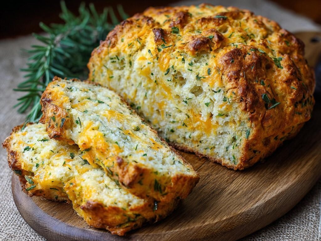 Gros plan d'une tranche de pain soda au cheddar et herbes sur une planche en bois, avec des herbes fraîches en arrière-plan.
