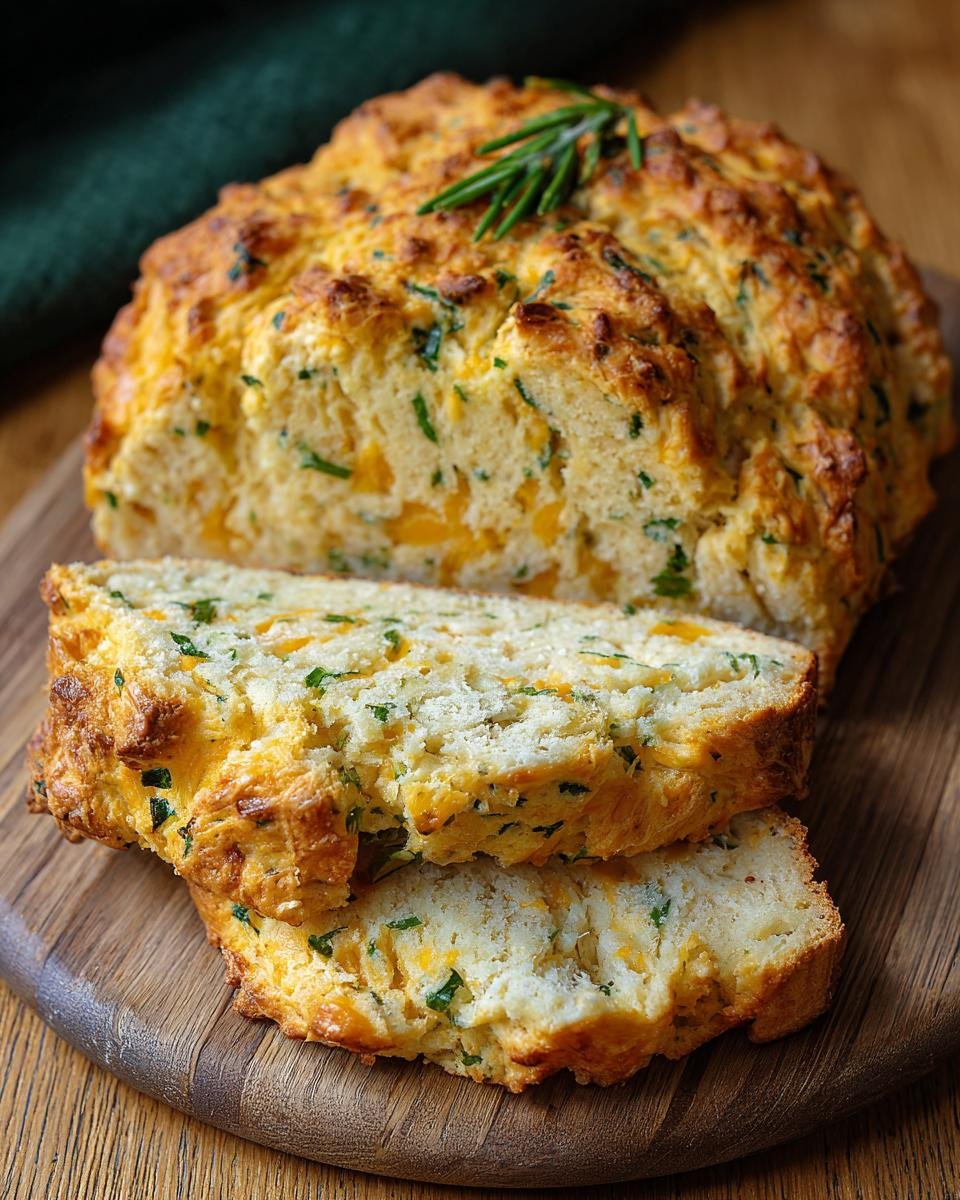 Gros plan sur une tranche de pain soda au cheddar et herbes, garnie de romarin frais.
