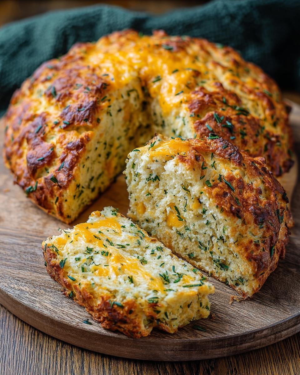 Gros plan d'une tranche de Pain Soda au Cheddar et Herbes, avec du fromage fondu et des herbes fraîches.