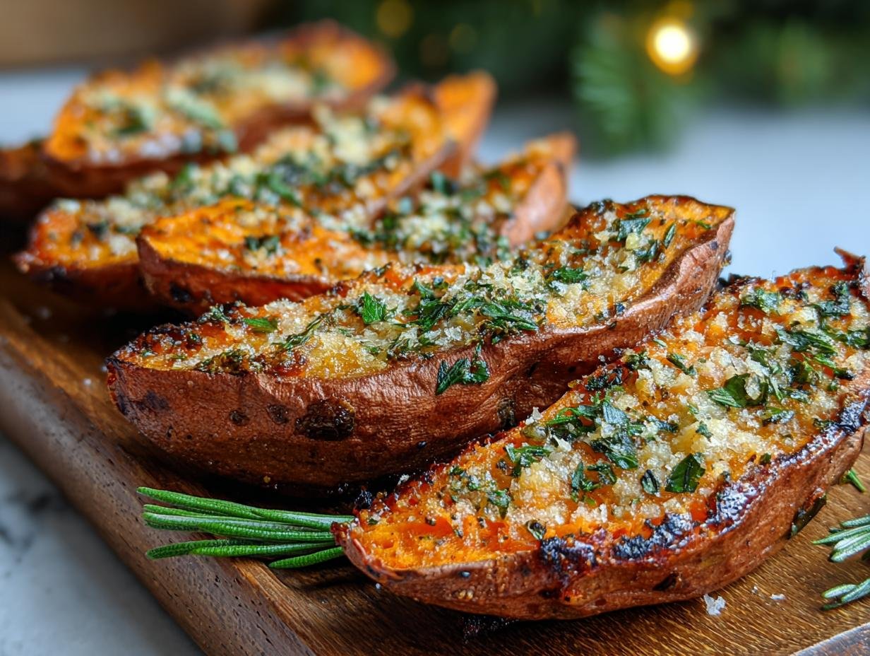 Gros plan sur des patates douces à l'ail et parmesan coupées en deux, garnies d'herbes fraîches.
