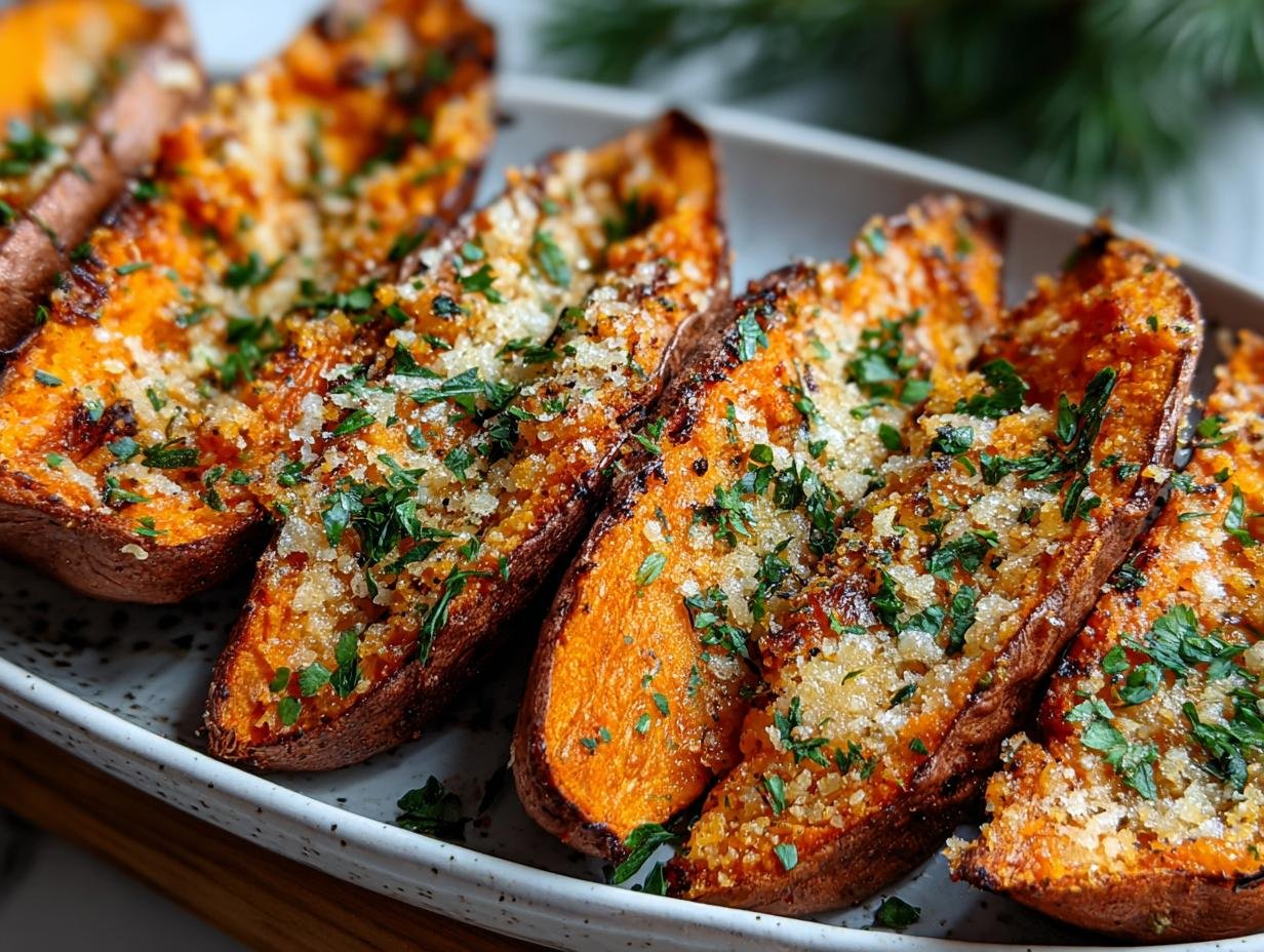 Gros plan de patates douces à l'ail et parmesan rôties, garnies de persil frais.