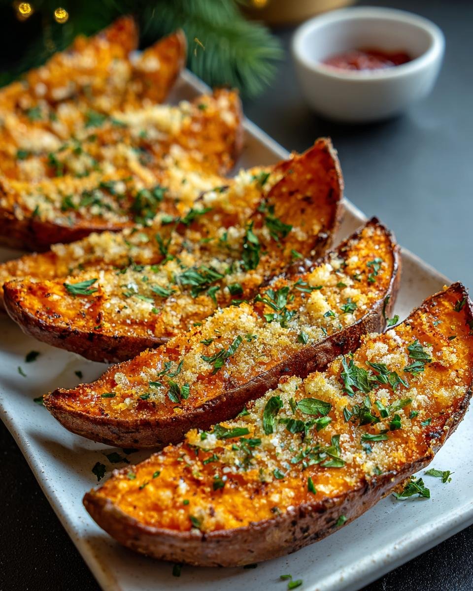 Quartiers de patates douces rôtis, garnis de parmesan râpé et de persil frais.