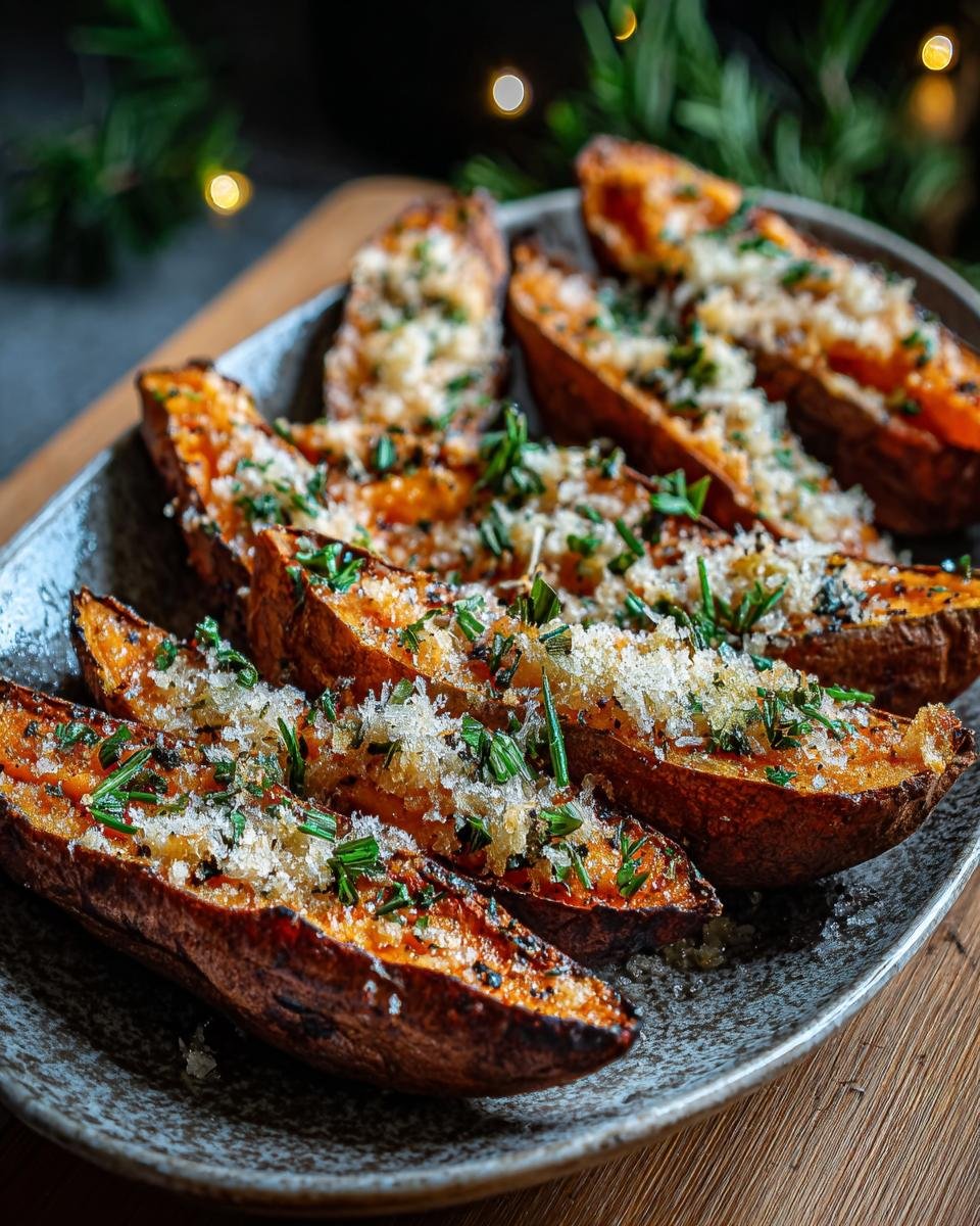 Gros plan de patates douces à l'ail et parmesan rôties, garnies d'herbes fraîches.