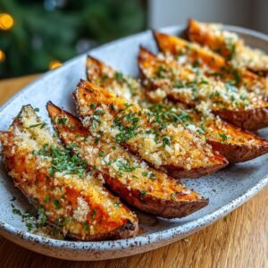 Gros plan de patates douces à l'ail et parmesan coupées en quartiers, garnies d'herbes fraîches.