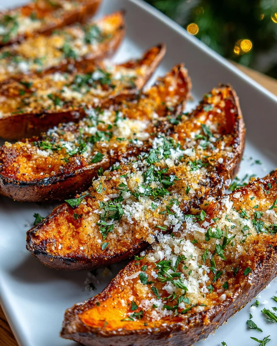 Gros plan de patates douces à l'ail et parmesan coupées en deux et garnies de persil frais.
