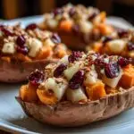 Gros plan de patates douces farcies aux canneberges, garnies de morceaux de fruits et de noix.