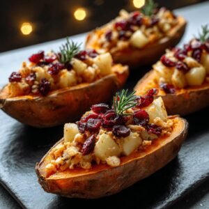 Gros plan de patates douces farcies aux canneberges, garnies de romarin frais.
