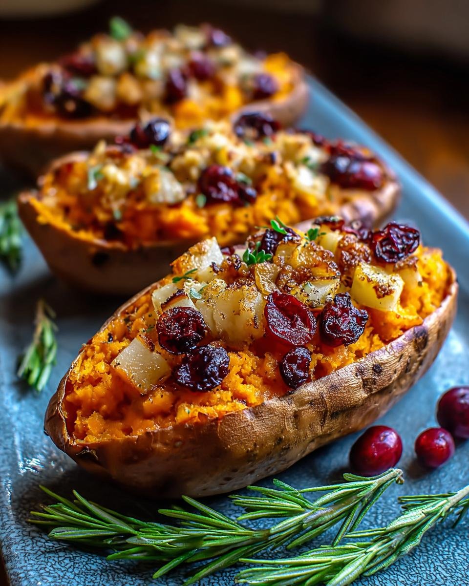 Gros plan sur des patates douces farcies aux canneberges, noix et herbes, garniture d'automne.