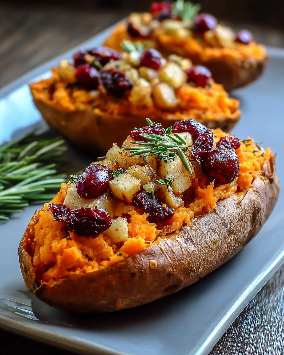 Gros plan de patates douces farcies aux canneberges, noix et romarin, garniture automnale savoureuse.