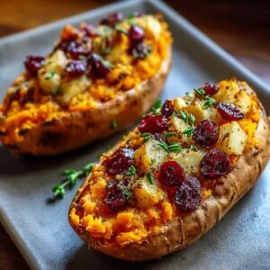 Gros plan sur des patates douces farcies aux canneberges, morceaux de pommes et herbes fraîches.