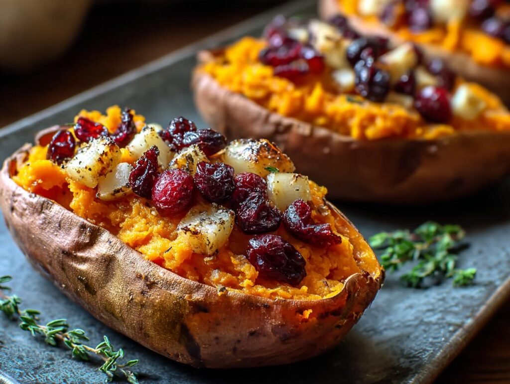 Gros plan de patates douces farcies aux canneberges et dés de pommes, garnies d'herbes.
