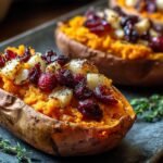 Gros plan de patates douces farcies aux canneberges et dés de pommes, garnies d'herbes.