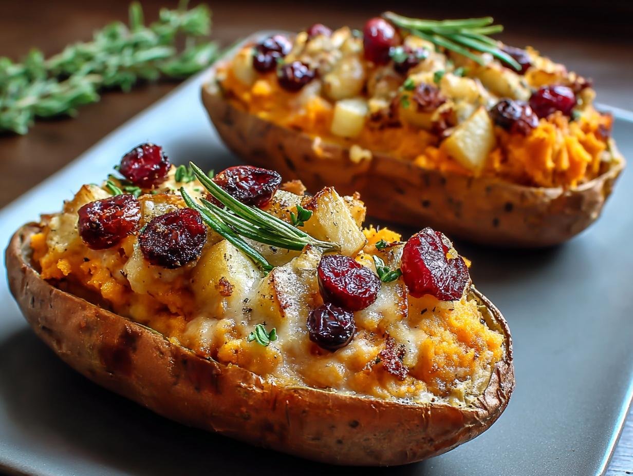 Gros plan de patates douces farcies aux canneberges, fromage fondant et romarin.