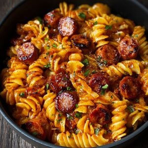 Gros plan de pâtes fusilli mélangées avec des rondelles de saucisse BBQ épicée et garnies de persil frais.
