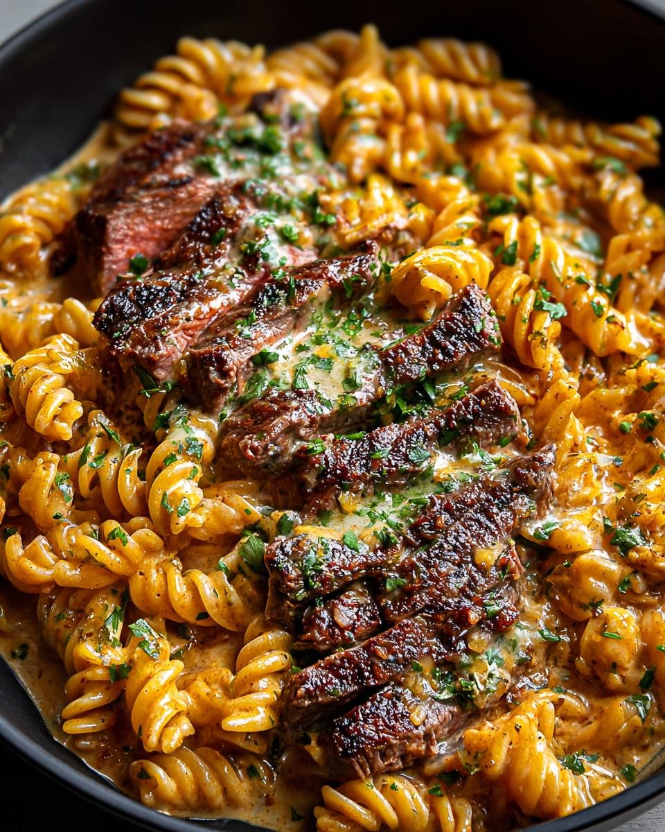 Gros plan de pâtes steak crémeuses avec des fusilli, du steak tranché et une sauce onctueuse, garnies de persil frais.