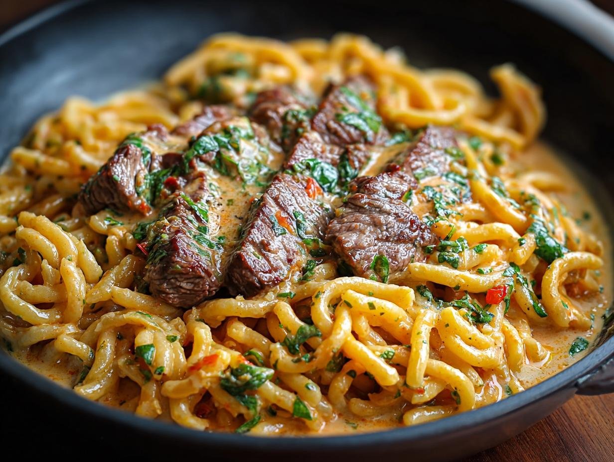 Gros plan de pâtes au steak crémeuses, avec des morceaux de steak tendres dans une sauce crémeuse et des herbes fraîches.