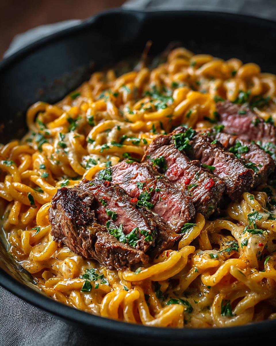 Gros plan de pâtes au steak crémeuses garnies de persil frais.