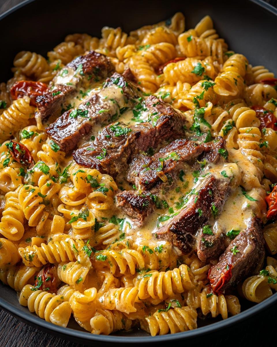Gros plan de pâtes au steak crémeuses, avec des morceaux de steak grillé et une sauce onctueuse.