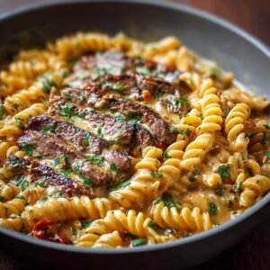 Gros plan de pâtes steak crémeuses avec des morceaux de steak grillé et du persil frais.