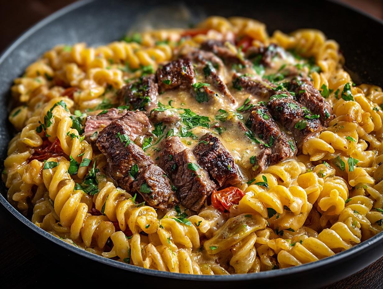 Gros plan de pâtes au steak crémeuses dans une poêle, garnies de persil frais.