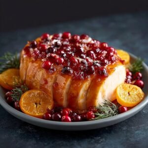 Poitrine de dinde glacée canneberge-orange, garnie de canneberges fraîches et d'oranges.