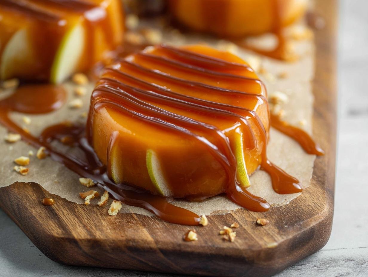 Gros plan sur des pommes au caramel glacées, garnies de sauce caramel et de morceaux de pomme.