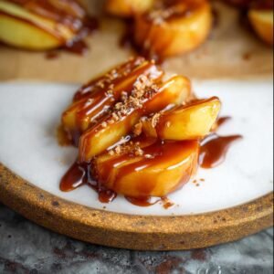 Gros plan de pommes au caramel coupées en quartiers, nappées de sauce caramel et saupoudrées de miettes croustillantes.