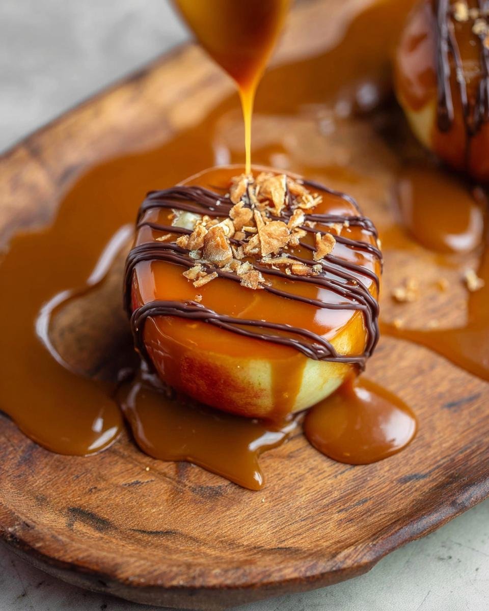 Gros plan d'une pomme au caramel dégoulinante, garnie de sauce chocolat et de noix.