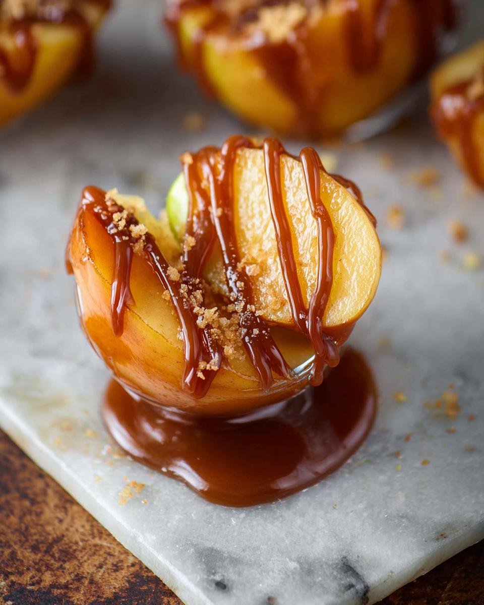 Gros plan sur une pomme coupée en deux, nappée de sauce caramel et saupoudrée de miettes croustillantes.