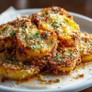 Gros plan sur des pommes de terre croustillantes au parmesan, garnies de persil frais.