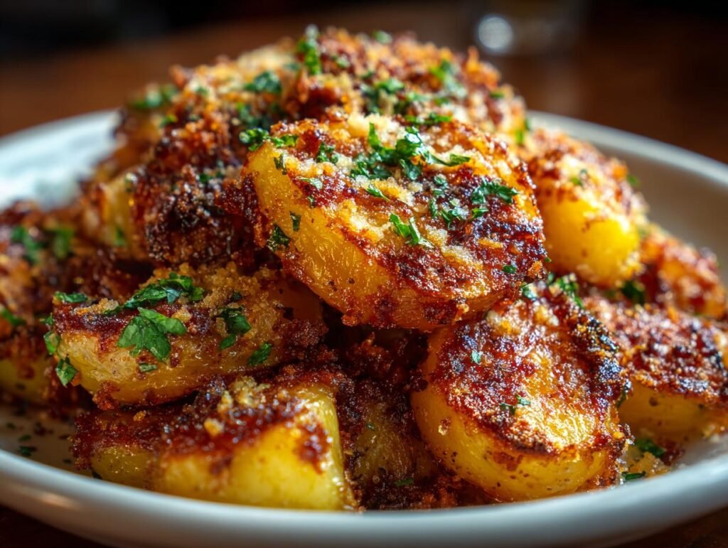 Gros plan sur des pommes de terre croustillantes au parmesan garnies de persil frais.