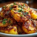 Gros plan sur des pommes de terre croustillantes au parmesan garnies de persil frais.