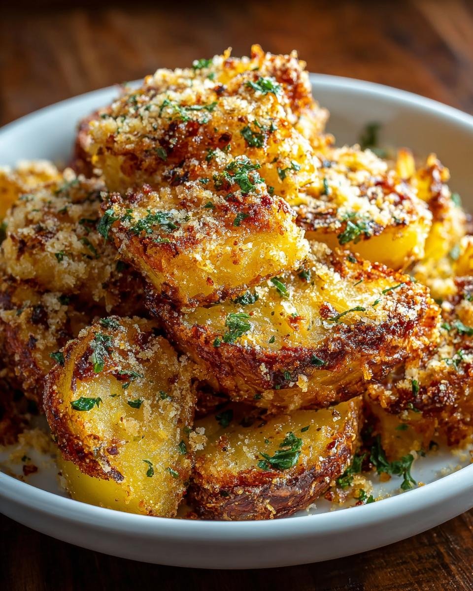 Gros plan sur des pommes de terre croustillantes au parmesan, garnies de persil frais, dans un bol blanc.
