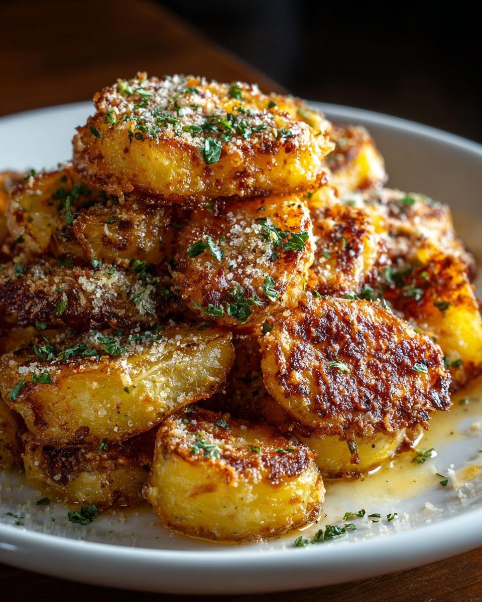 Gros plan de pommes de terre croustillantes au parmesan, garnies de persil frais.