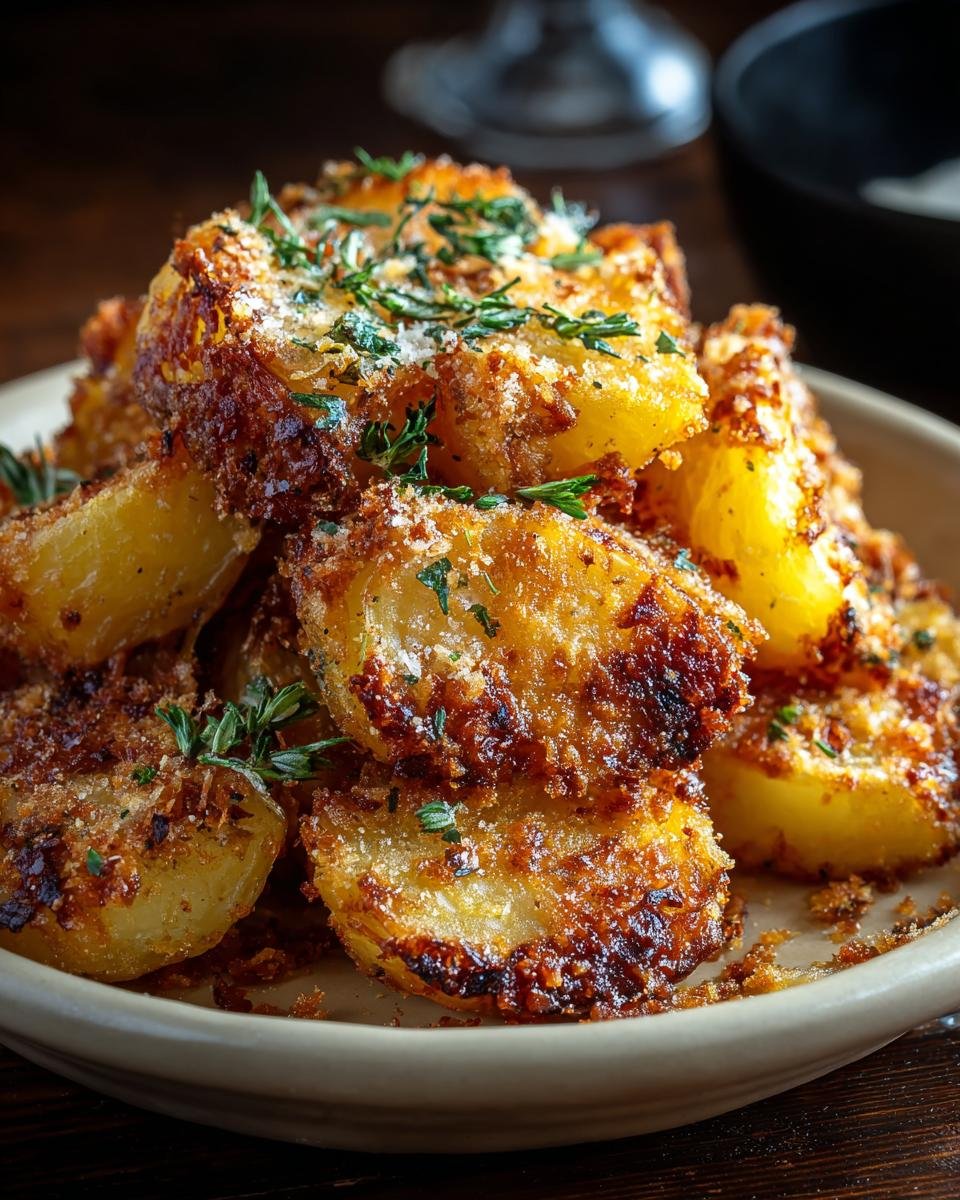 Gros plan de pommes de terre croustillantes au parmesan, garnies d'herbes fraîches et de parmesan râpé.