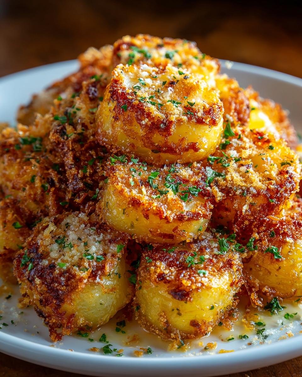 Gros plan sur des pommes de terre croustillantes au parmesan, garnies de persil frais.
