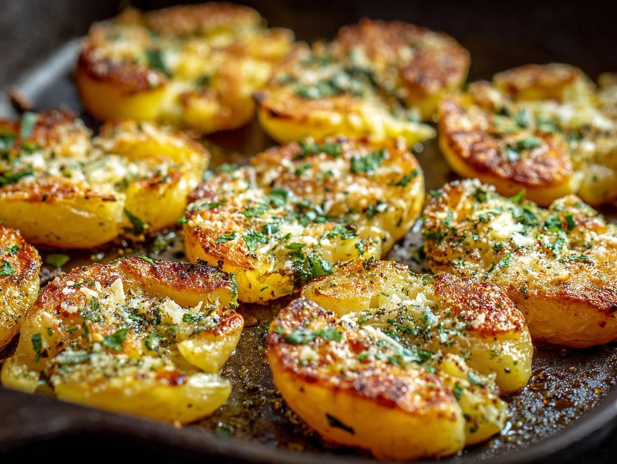 Gros plan sur des pommes de terre écrasées au four, dorées et garnies d'herbes fraîches et de parmesan.