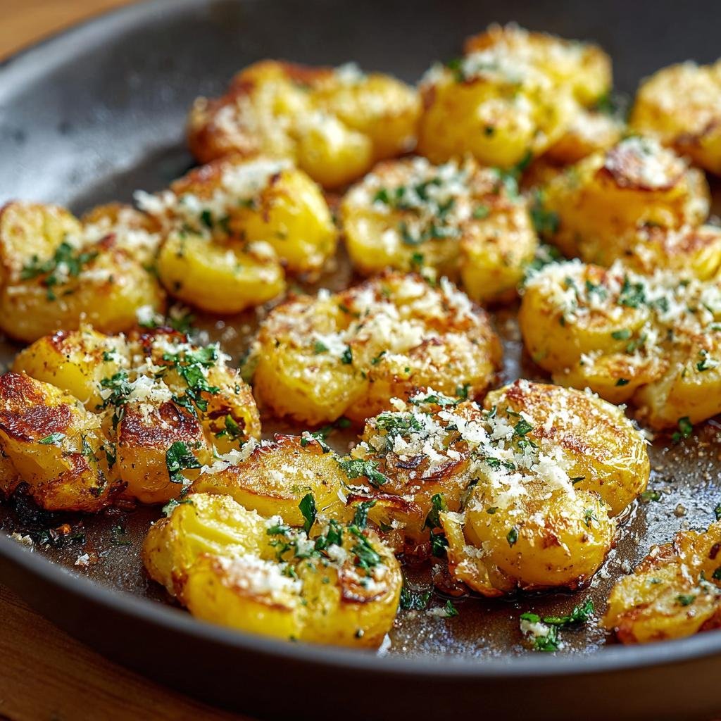 Gros plan de pommes de terre écrasées au four, garnies de parmesan et de persil frais.