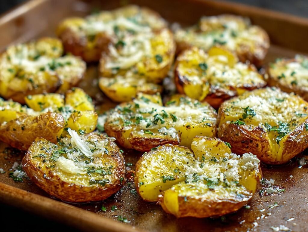 Gros plan sur des pommes de terre écrasées au four, garnies de parmesan râpé et de persil frais.