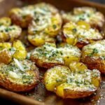 Gros plan sur des pommes de terre écrasées au four, garnies de parmesan râpé et de persil frais.