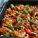 Gros plan sur un plat de poulet aux noix de cajou, brocolis et poivrons rouges, nappé d'une sauce brillante.