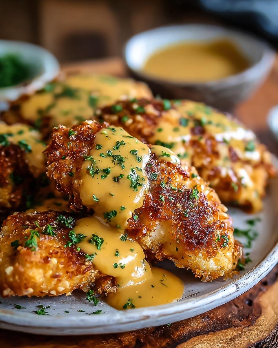 Gros plan sur du poulet bretzel croustillant, généreusement arrosé de sauce moutarde-cheddar et garni de persil frais.