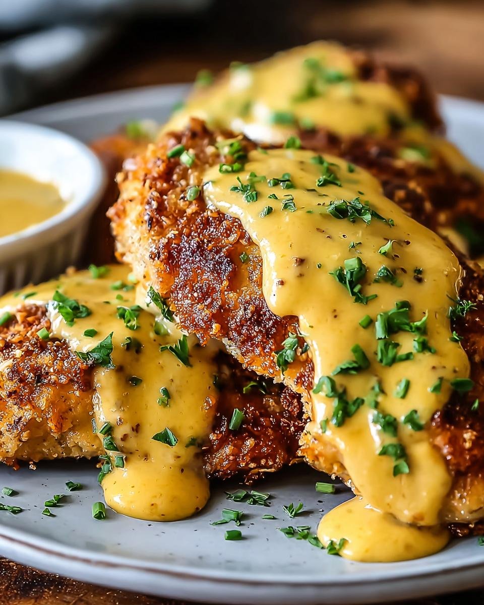 Poulet Bretzel généreusement nappé de sauce moutarde-cheddar et garni de ciboule.