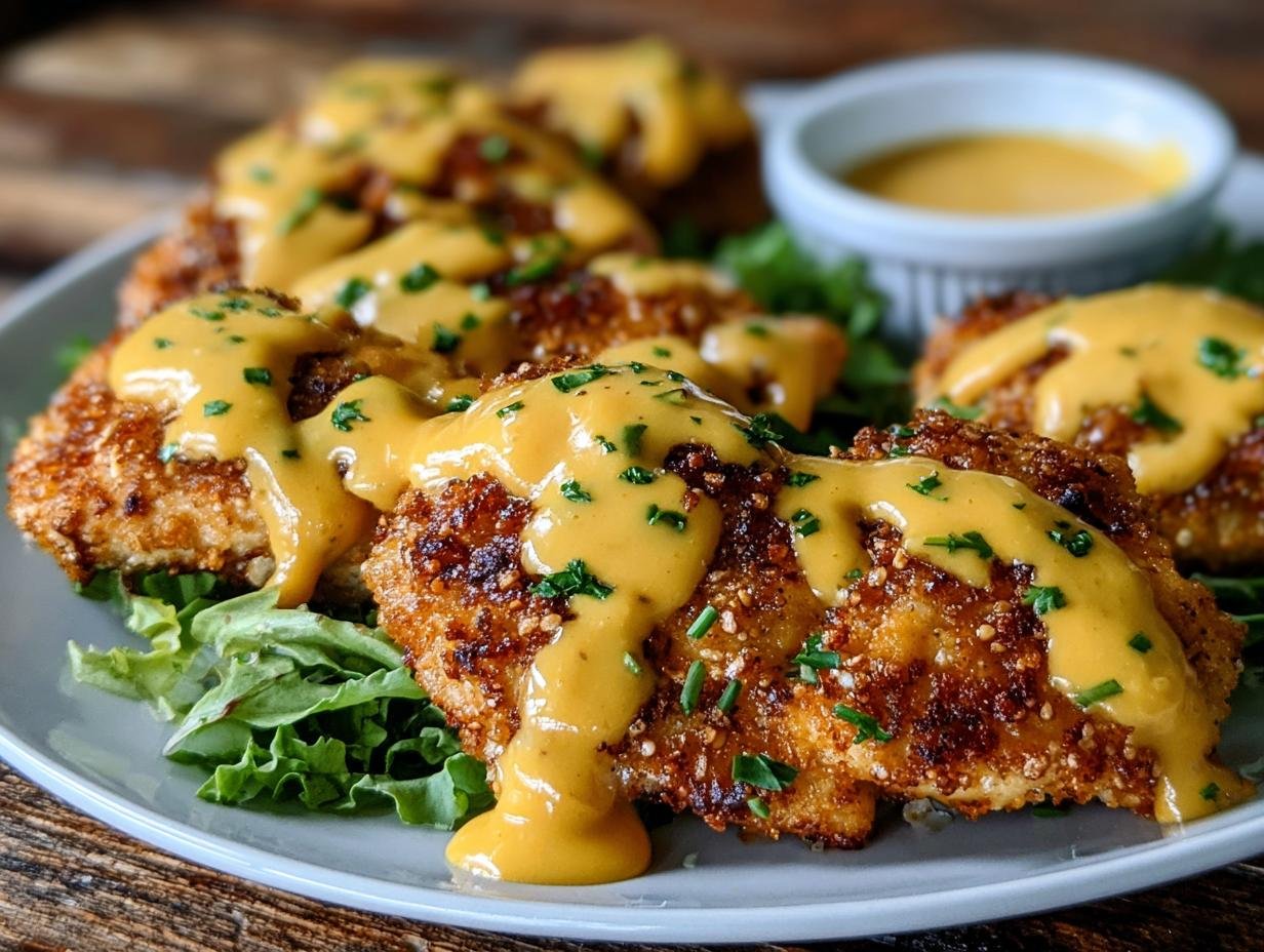 Gros plan de poulet bretzel croustillant nappé de sauce moutarde-cheddar et garni de persil.