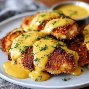 Gros plan sur du poulet bretzel croustillant nappé d'une sauce moutarde-cheddar onctueuse et garni de persil.