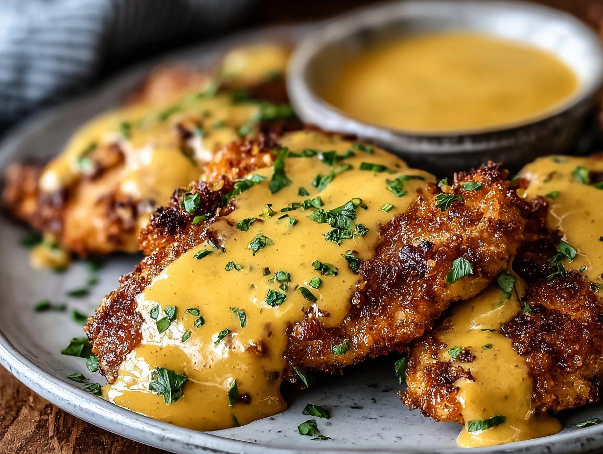 Gros plan de poulet bretzel croustillant nappé de sauce moutarde-cheddar et garni de persil.