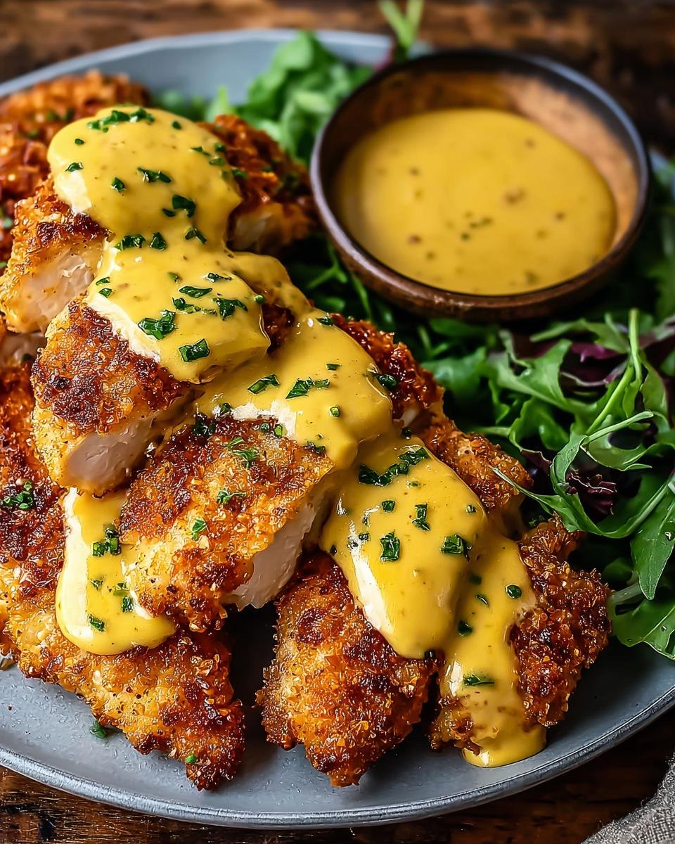 Gros plan sur du poulet bretzel croustillant arrosé d'une sauce moutarde-cheddar crémeuse, servi avec une salade verte.